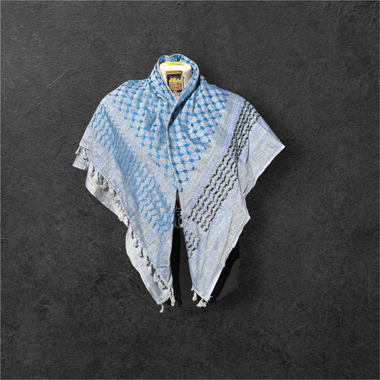 Authentic Palestine Made keffiyeh Scarf: blue on grey Woven Tessels