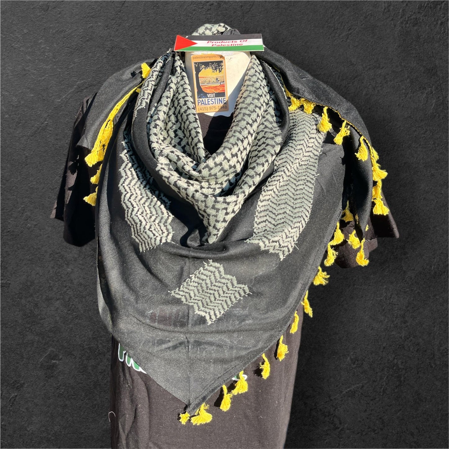 Authentic Palestine Made keffiyeh Scarf: cream on Blk Woven Tessels