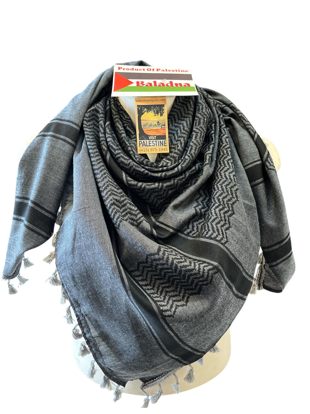 Authentic Palestine Made keffiyeh Scarf: Grey on Blk Woven Tessels