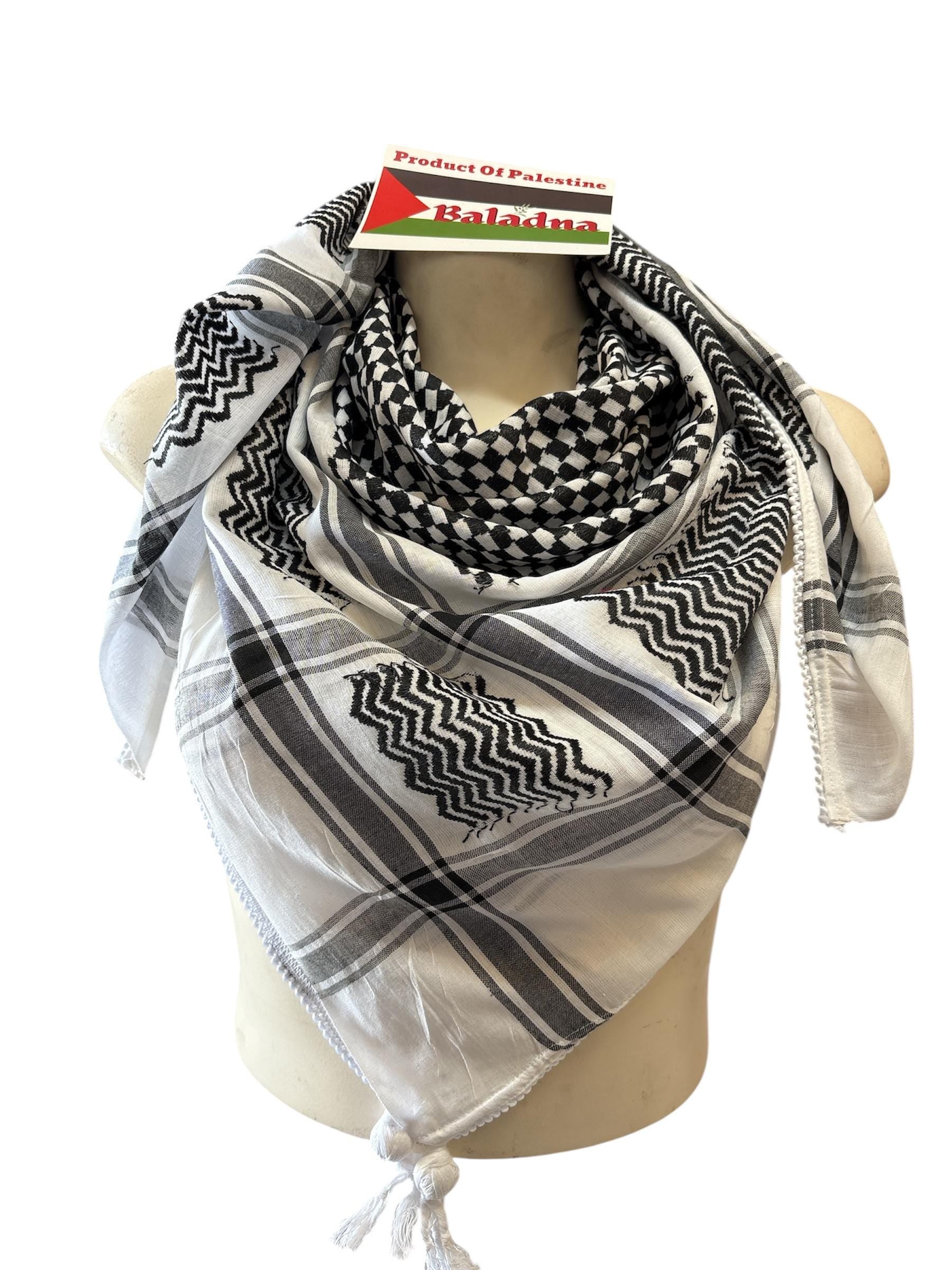 Palestine Made keffiyeh: Authentic Black on white Woven Scarf, 48"x48"