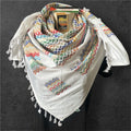Palestine Made keffiyeh Authentic Scarf: rainbow on white with Tessels