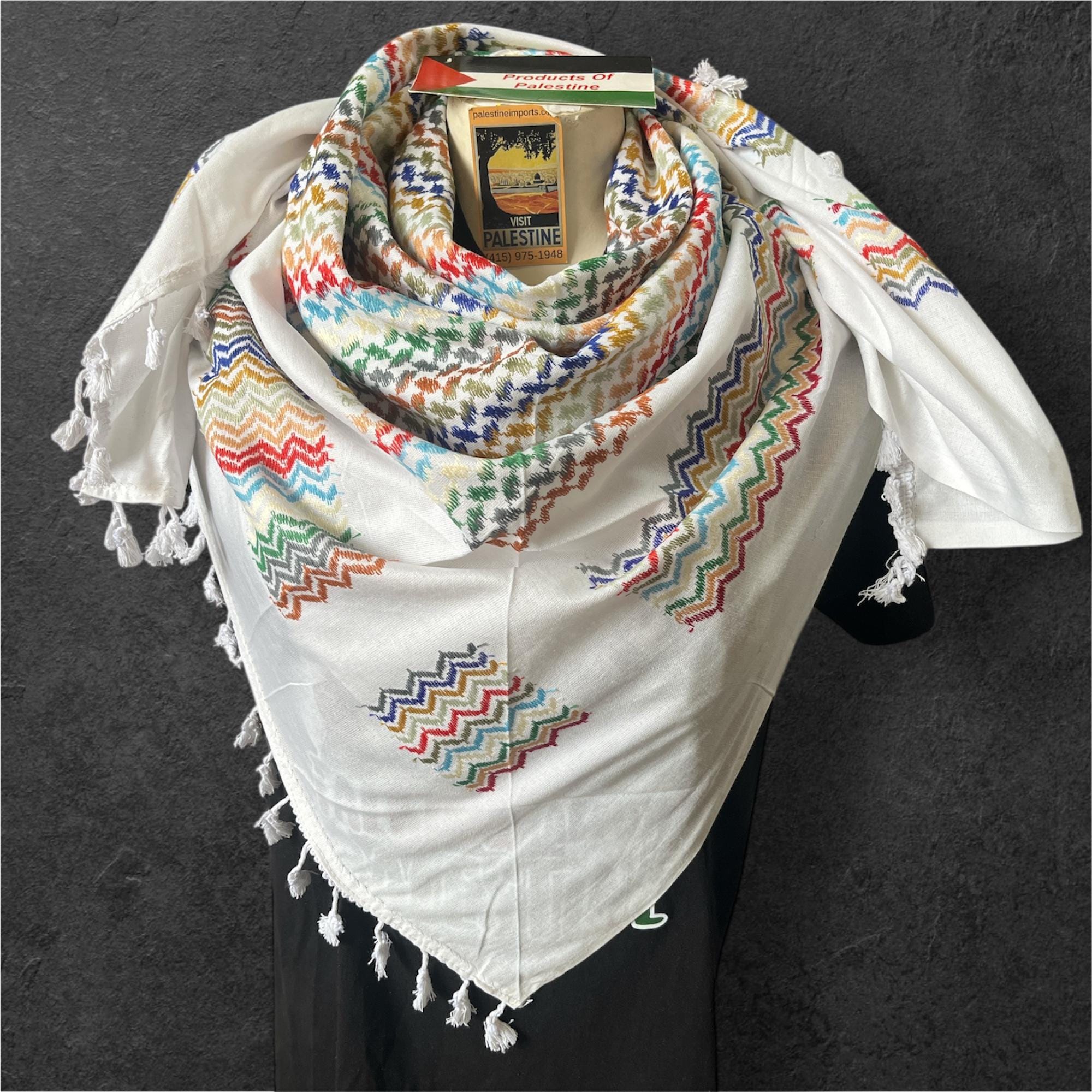 Palestine Made keffiyeh Authentic Scarf: rainbow on white with Tessels