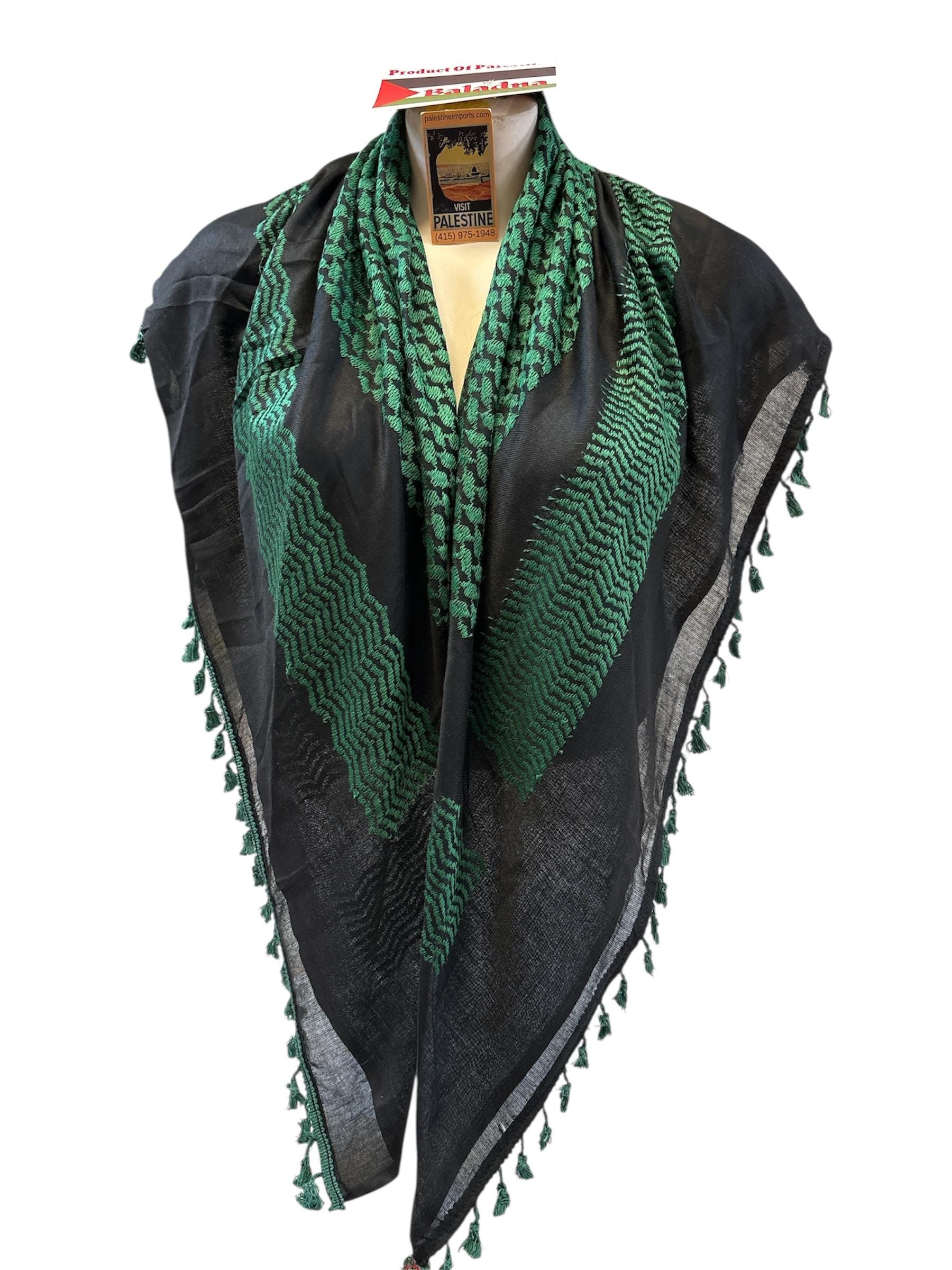 Palestine Made keffiyeh: Authentic Green on Black with tassels Woven Scarf 48”x48” Hebron, Palestine made