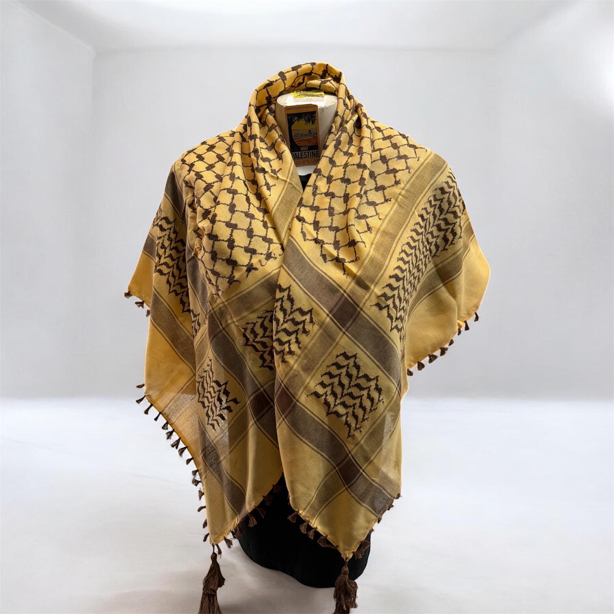 Woven keffiyeh Brown on tan Palestinian Scarf with Tassels (48"x48")