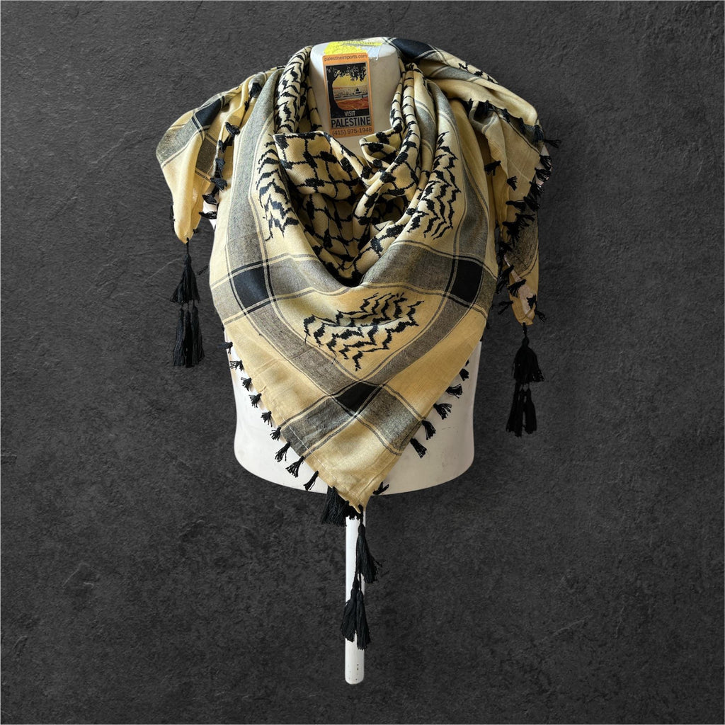 Woven keffiyeh Black on tan with Tassels - 48"x48"