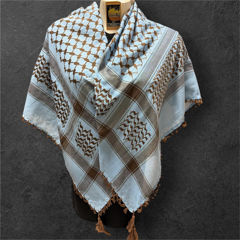 Woven keffiyeh Brown on blue Palestinian Scarf with 4 Sides Tassels (48"x48")