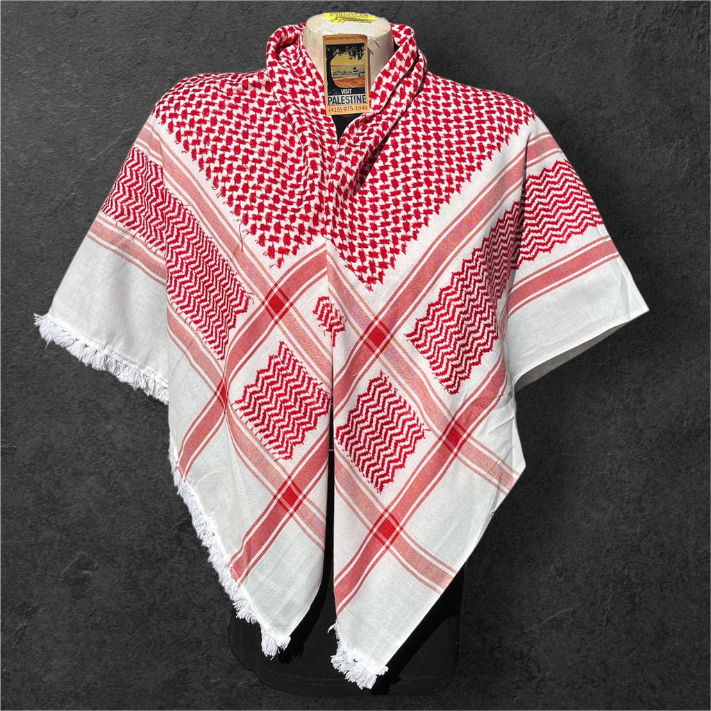Authentic Palestine Made keffiyeh Scarf: red on white Woven Tessels