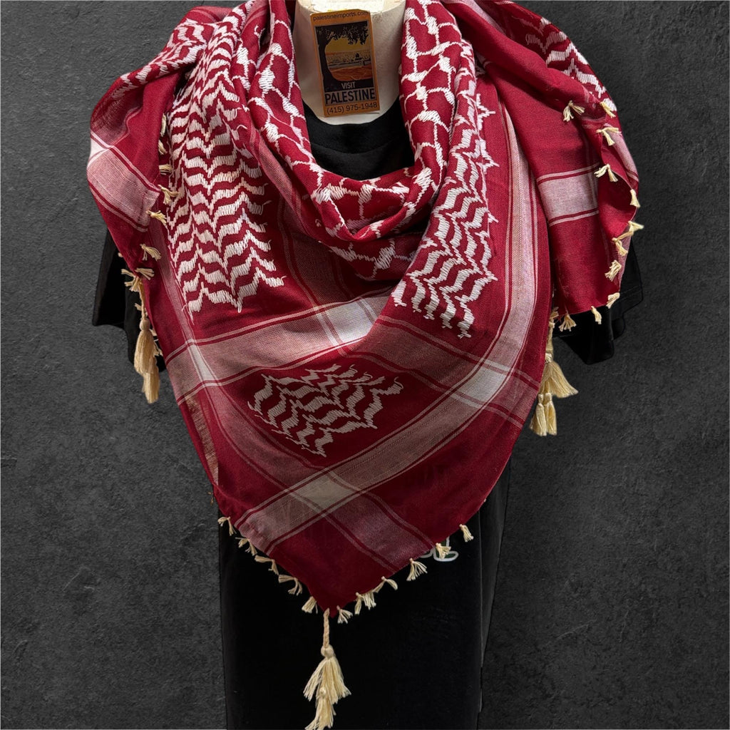 Woven keffiyeh white on burgundy with 4 sides tan Tassels - 48"x48"