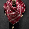 Woven keffiyeh white on burgundy with 4 sides tan Tassels - 48"x48"