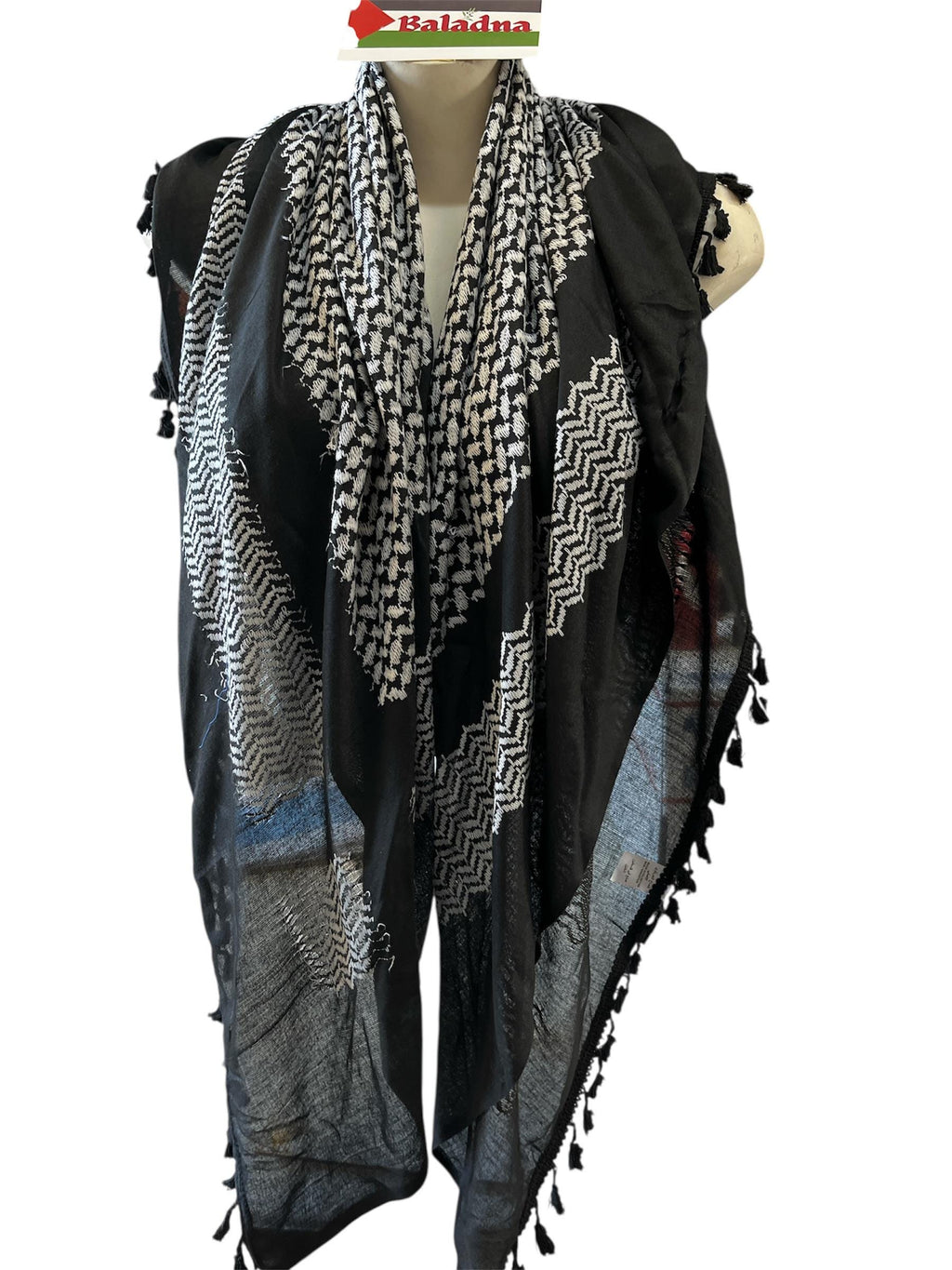 Palestine Made keffiyeh Scarf: Authentic Hebron Woven,white on black with black Tassels