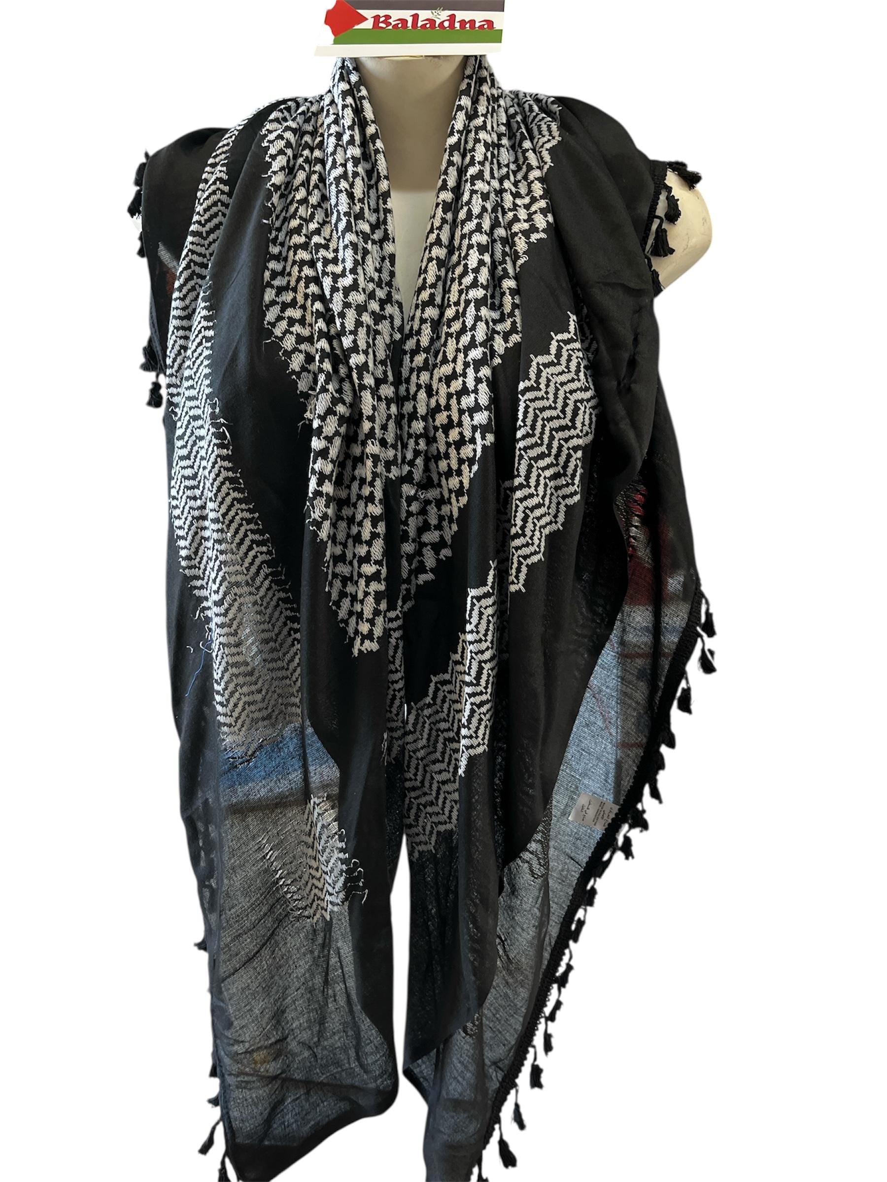 Palestine Made keffiyeh Scarf: Authentic Hebron Woven,white on black with black Tassels