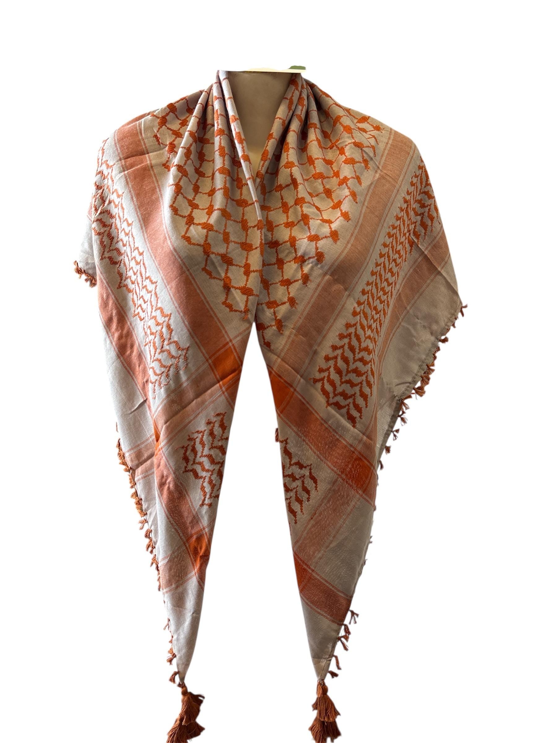 Woven Kufiya Orange & Light Grey Palestinian Scarf with Tassels