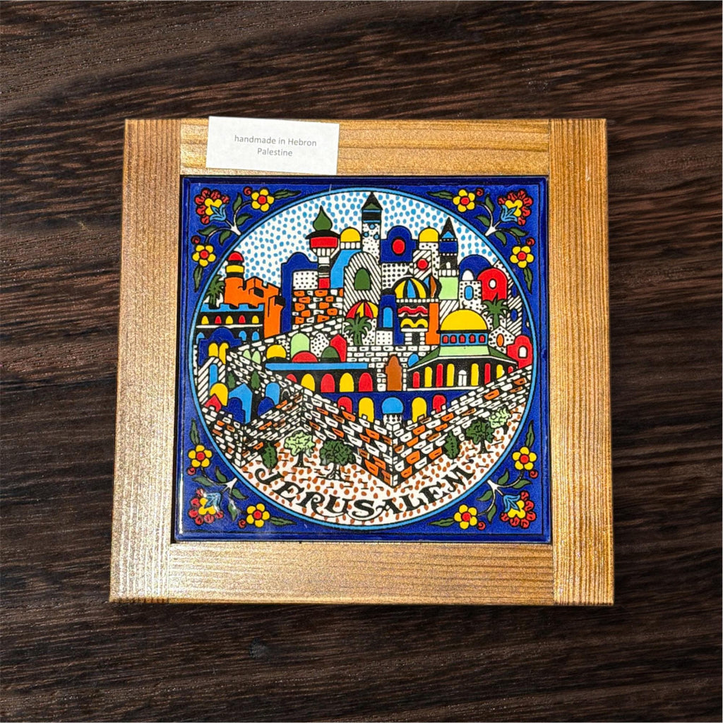 Handmade Ceramic And Wood trivet  handpainted in Hebron,Palestine