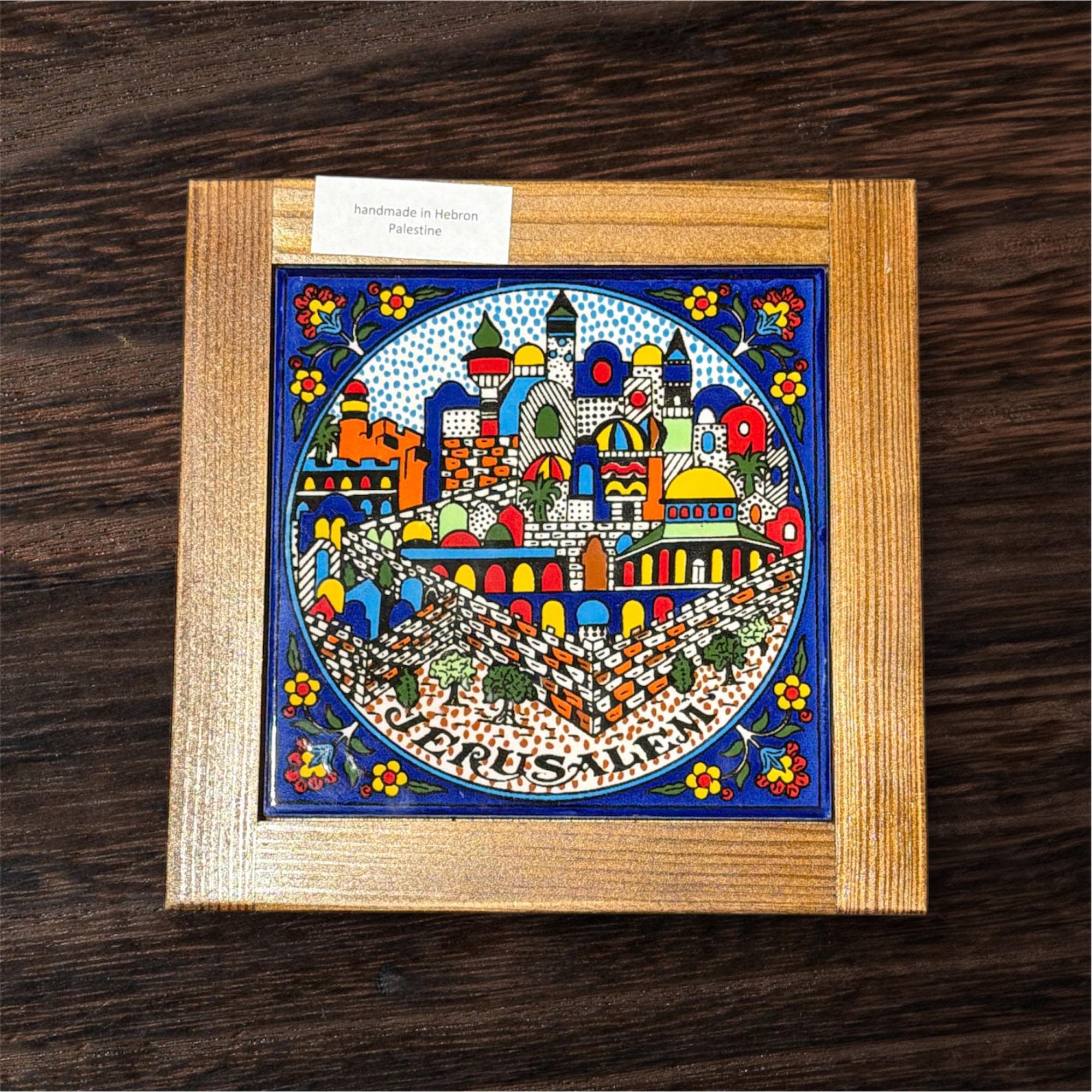 Handmade Ceramic And Wood trivet  handpainted in Hebron,Palestine