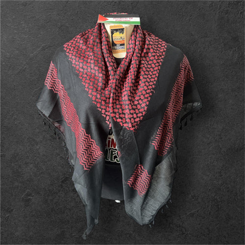 Authentic Palestine Made keffiyeh Scarf: mehroon on black with Woven Tessels