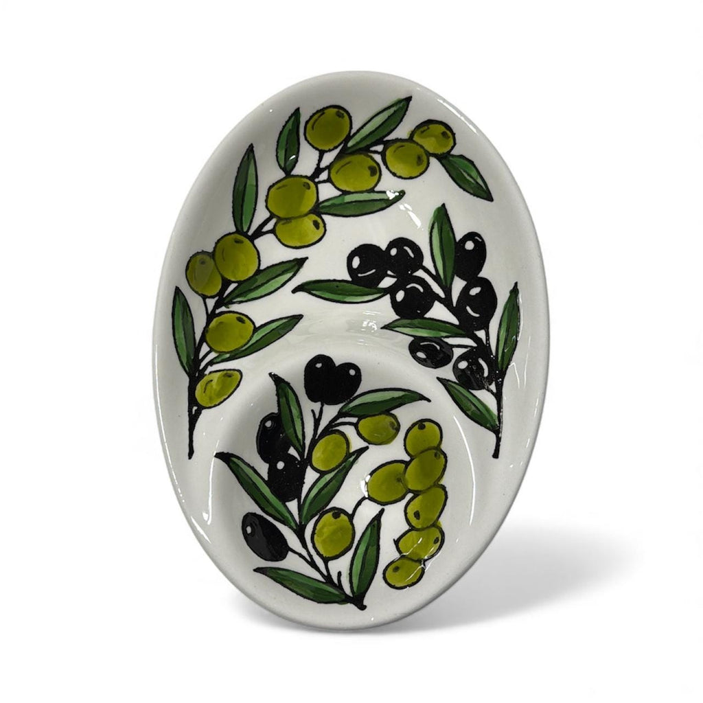 Handmade ceramic Olives design double dip dish  7”made in Palestine