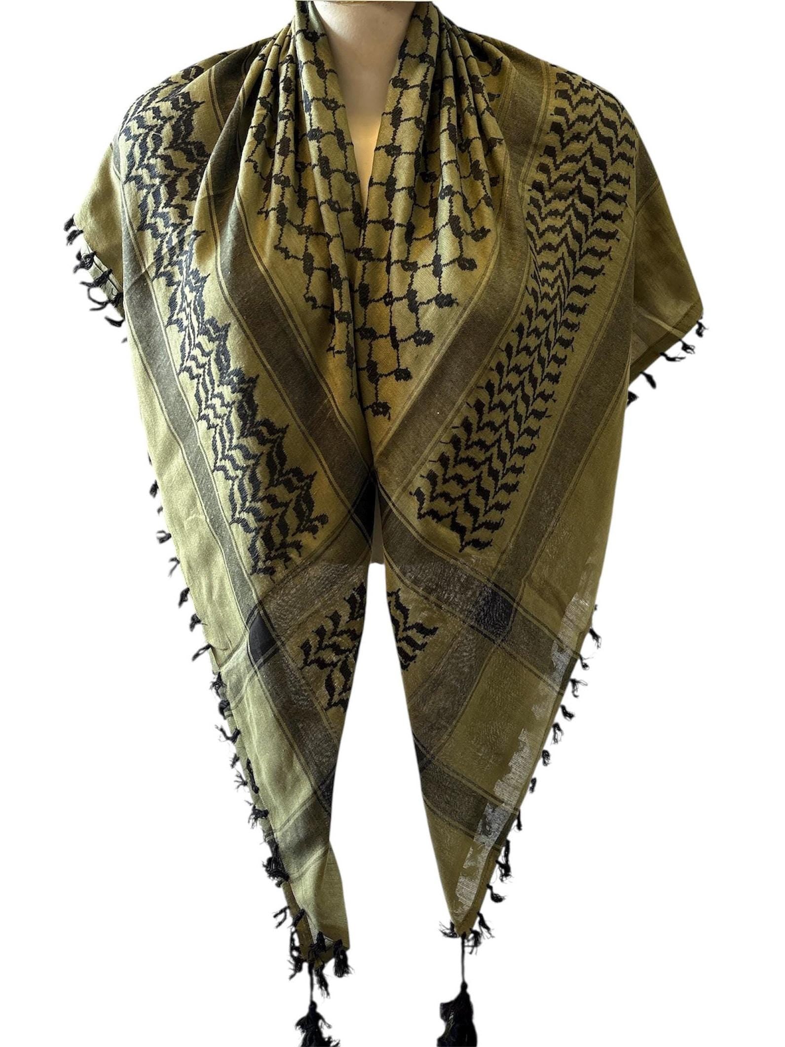 Woven Kufiya Black on  Green Palestinian Scarf