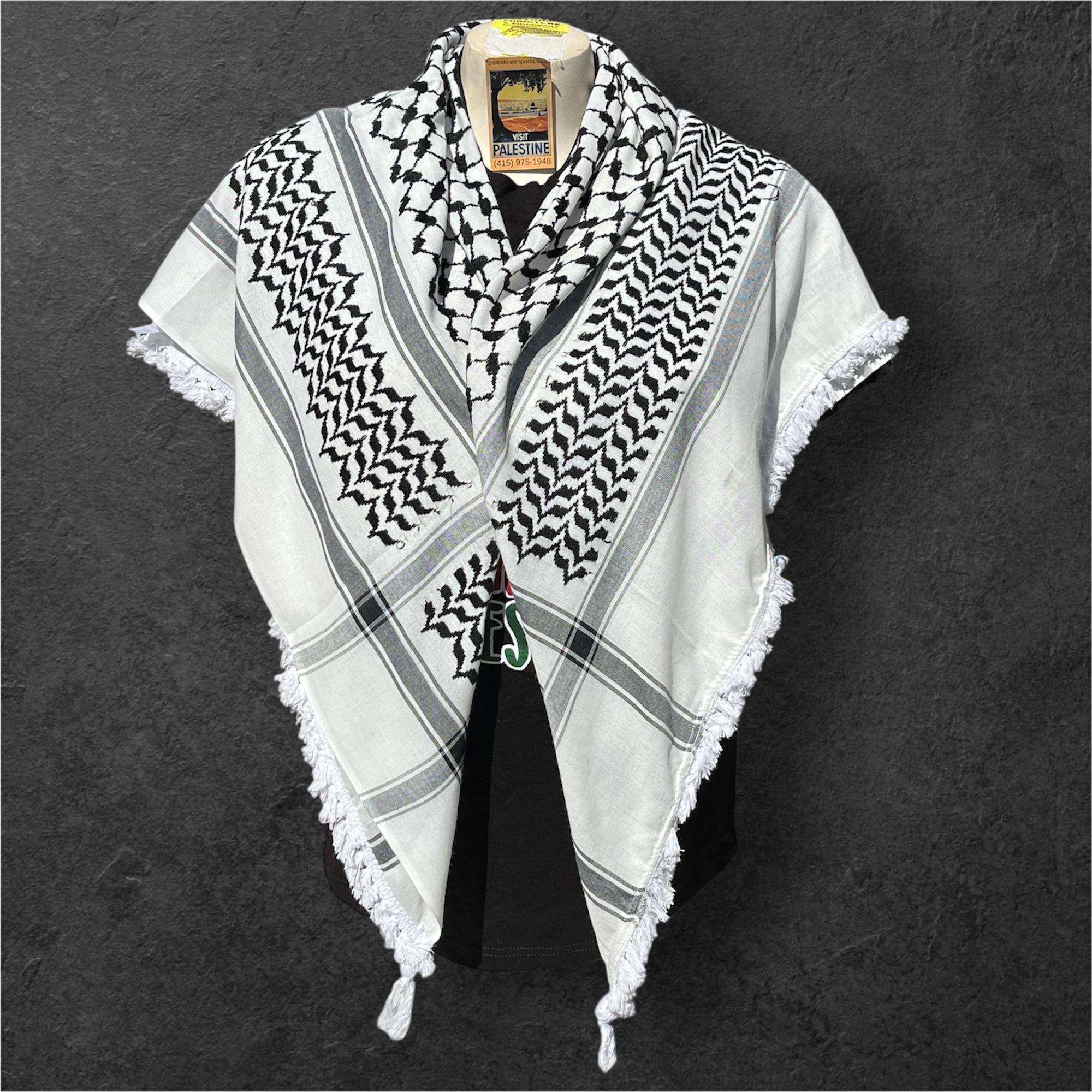 Authentic Palestine Made keffiyeh Scarf: original black and white with Woven heavy Tessels