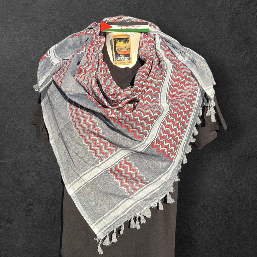 Authentic Palestine Made keffiyeh Scarf: red and white on grey with Woven Tessels