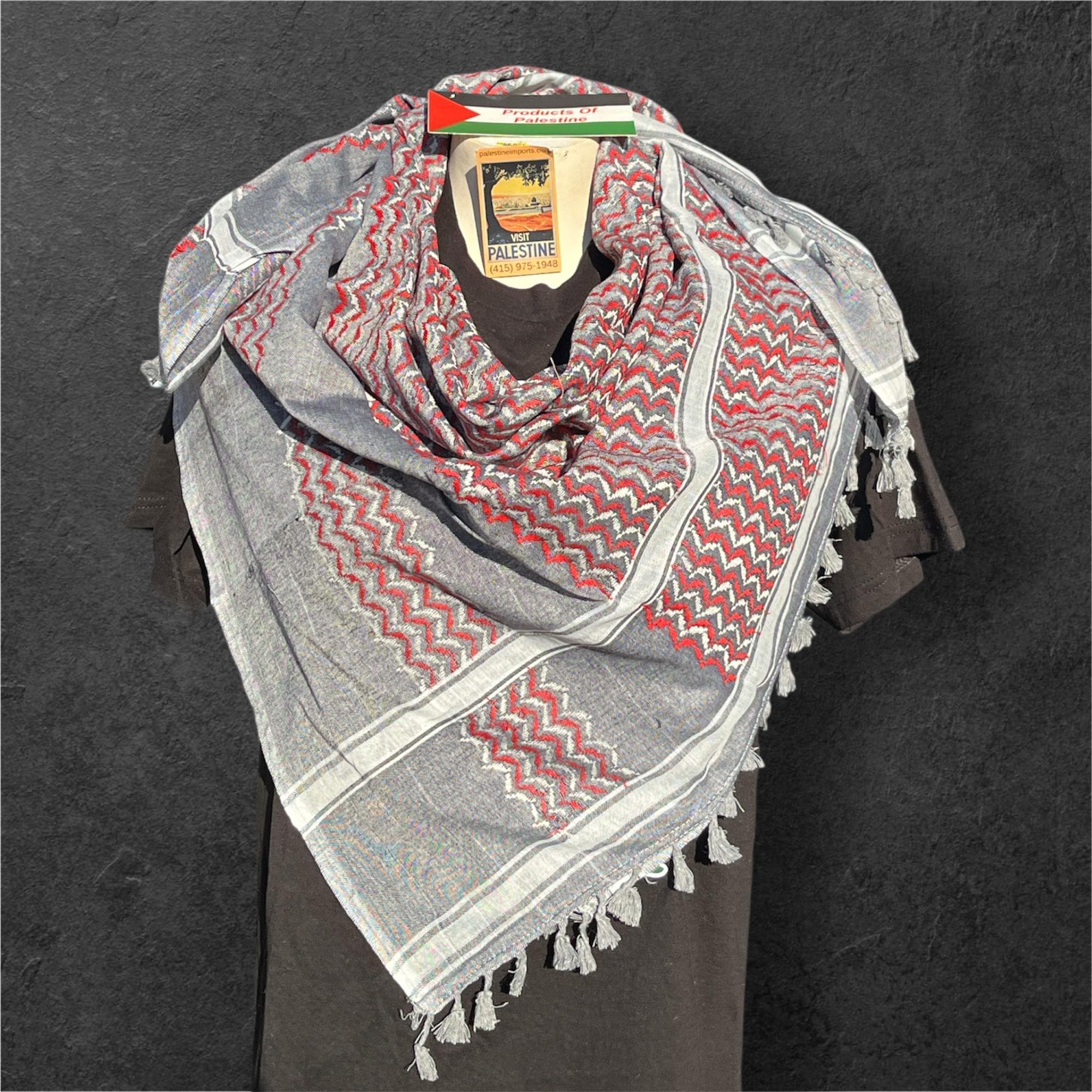 Authentic Palestine Made keffiyeh Scarf: red and white on grey with Woven Tessels