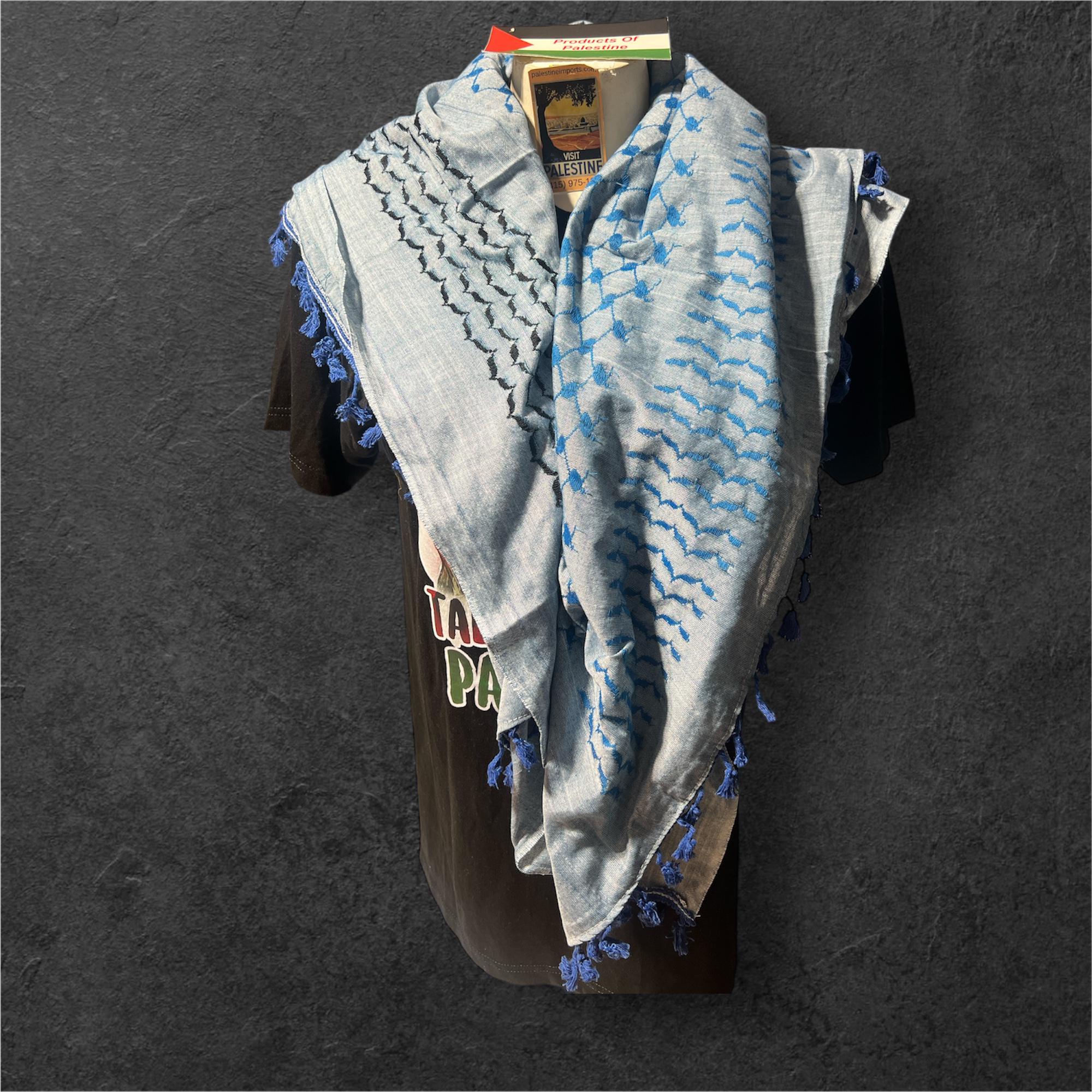 Palestine Made keffiyeh Authentic Scarf: sky blue on light blue with Royal blue  Tessels