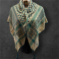 Woven Kufiya jade green on beige with 4 sides Tassels - 48"x48"