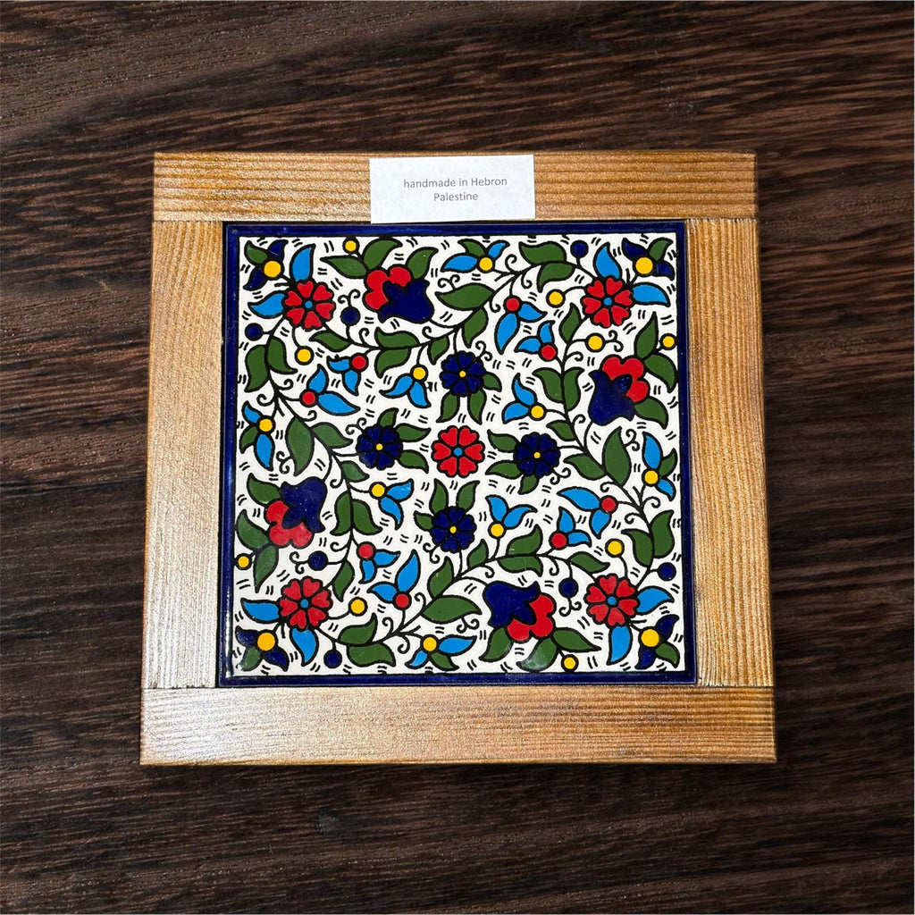 Handmade Ceramic And Wood trivet  handpainted in Hebron,Palestine