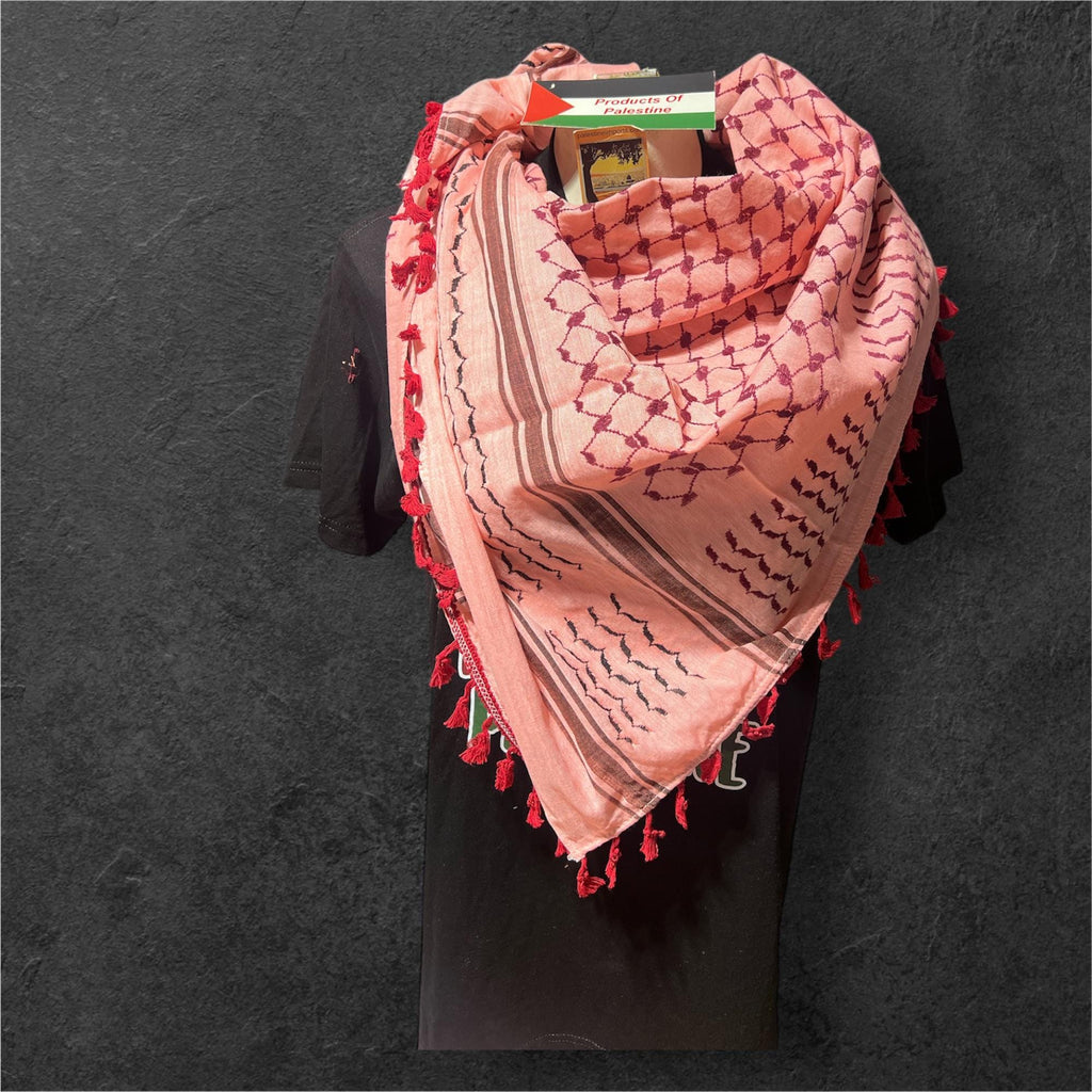 Palestine Made keffiyeh Authentic Scarf: hot pink on peach/pink with red Tessels