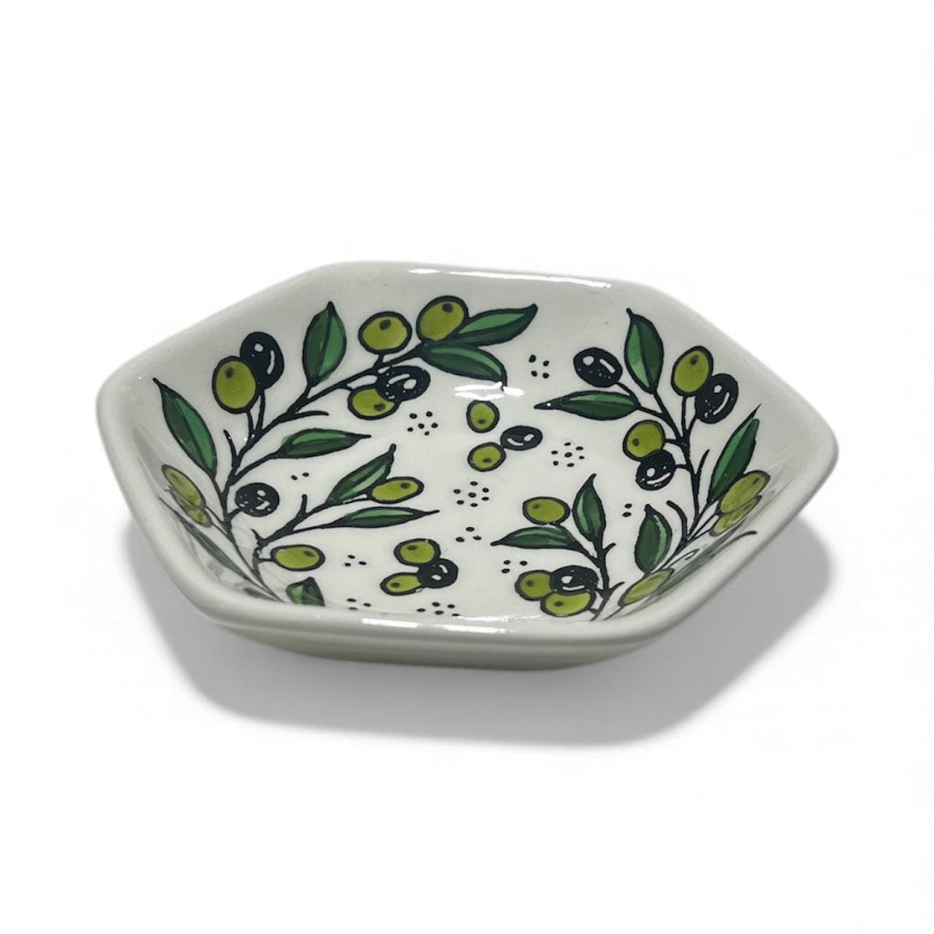 Handmade ceramic Olive branches hexagonal appetizer  plate (5”)made in Palestine