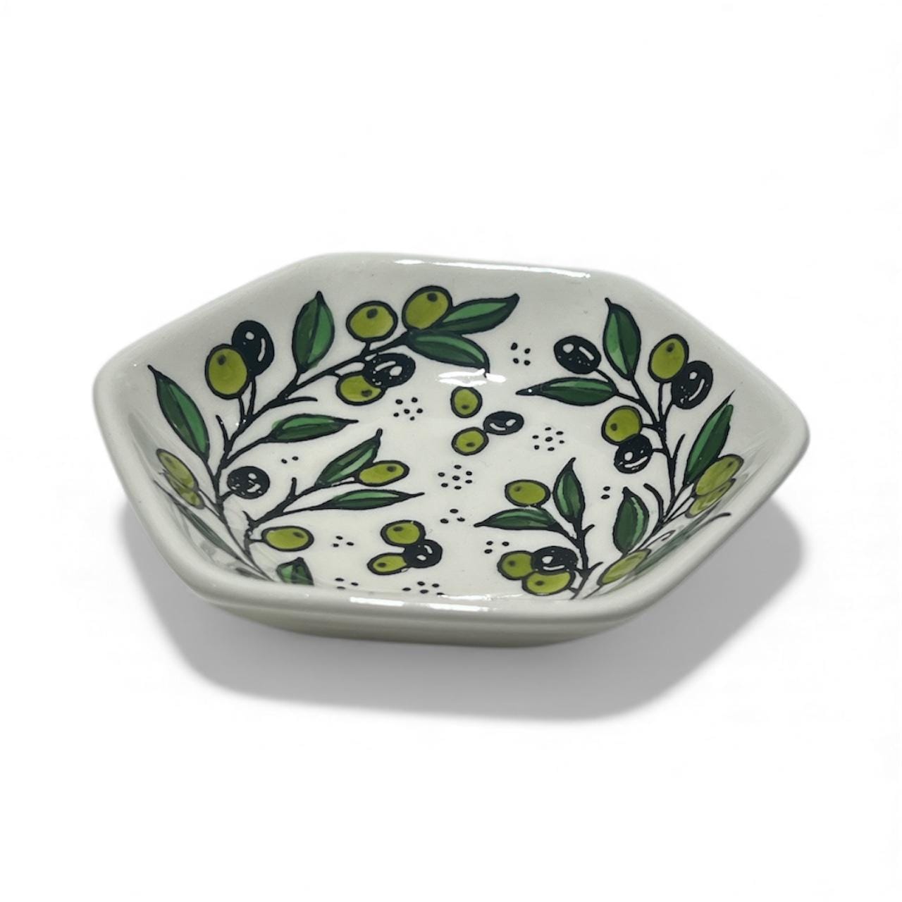 Handmade ceramic Olive branches hexagonal appetizer  plate (5”)made in Palestine