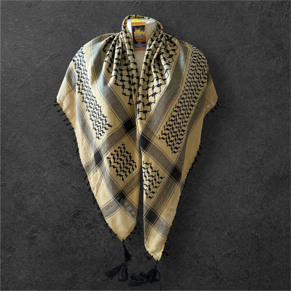 Woven keffiyeh Black on tan with Tassels - 48"x48"
