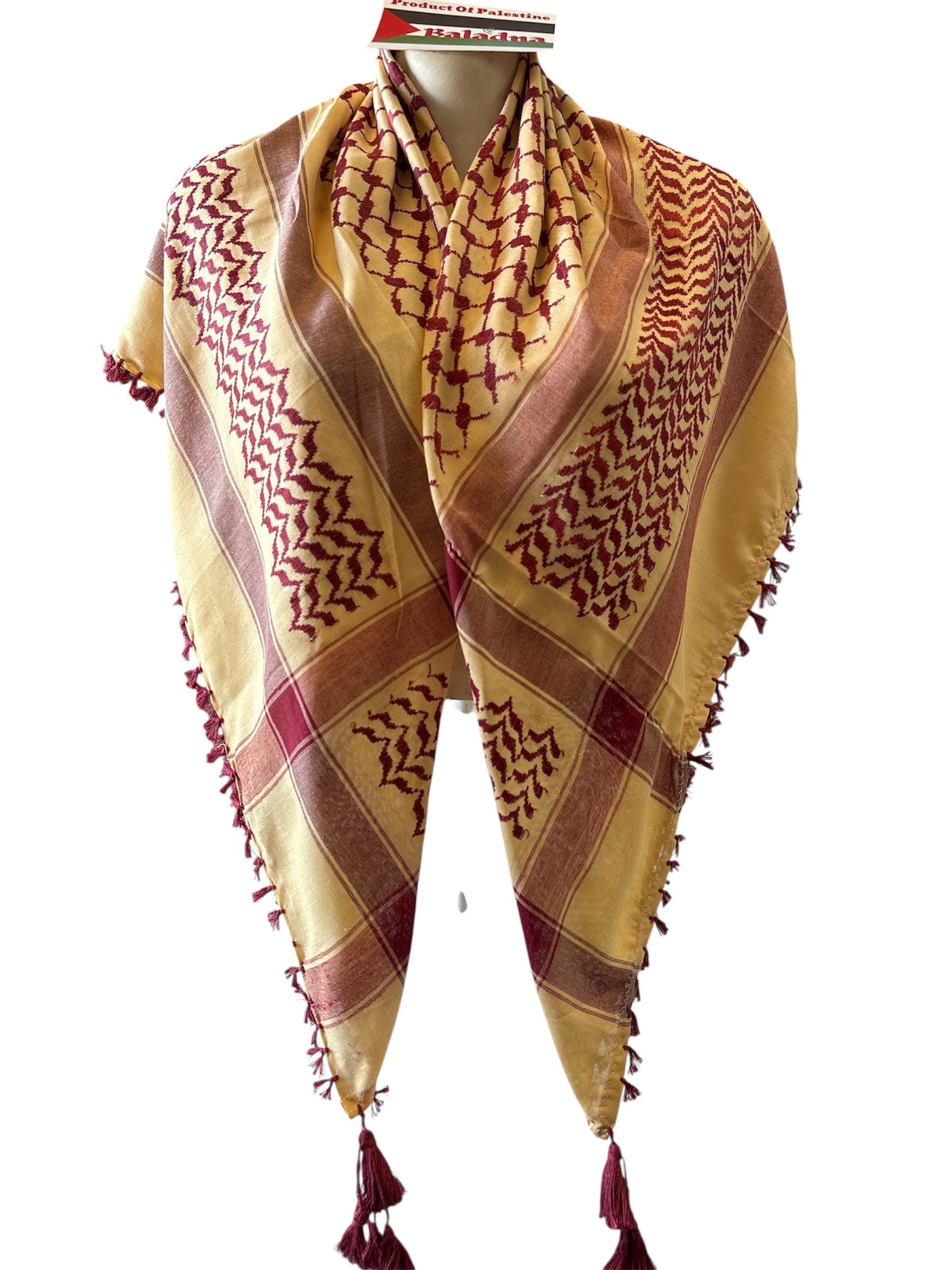 Woven keffiyeh Burgundy on Mustard Yellow with 4 sides Tassels - 48"x48"