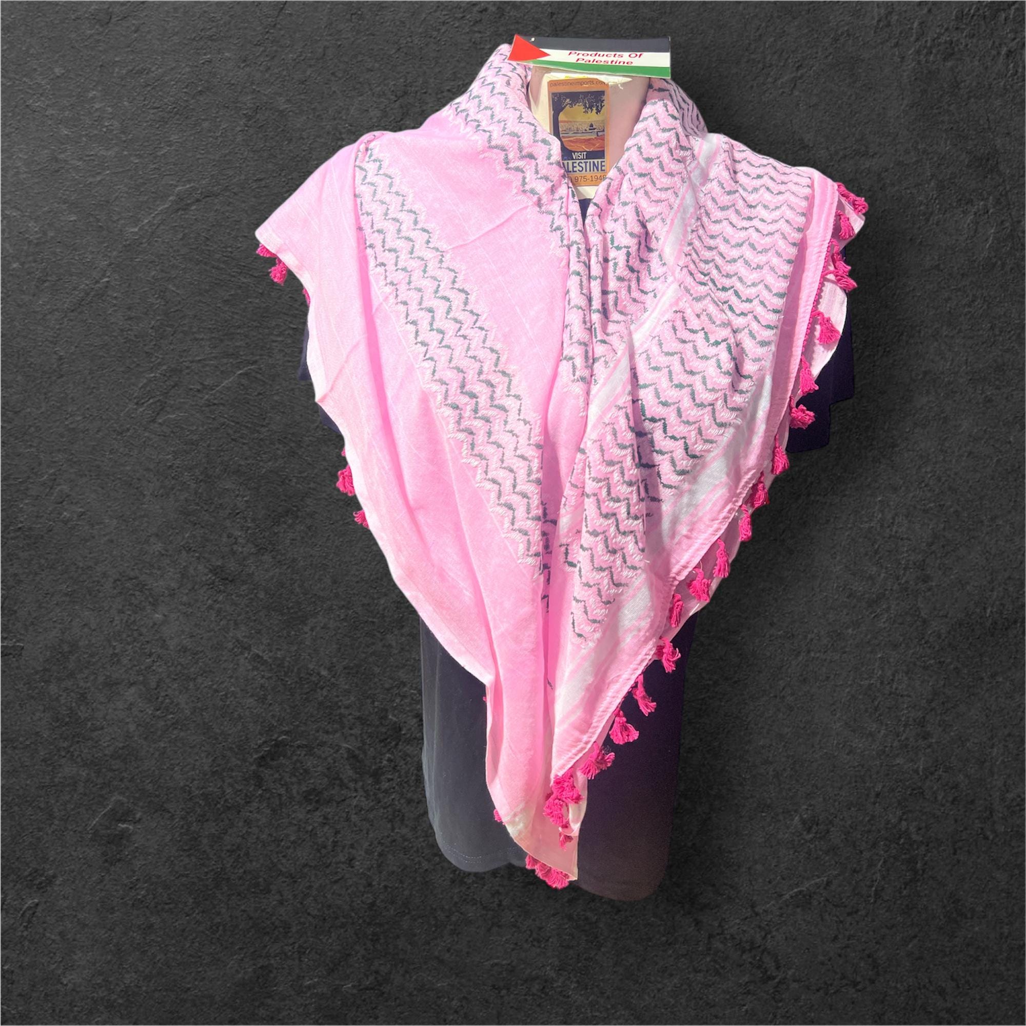 Palestine Made keffiyeh Authentic Scarf: multicolor on pink with dark pink Tessels