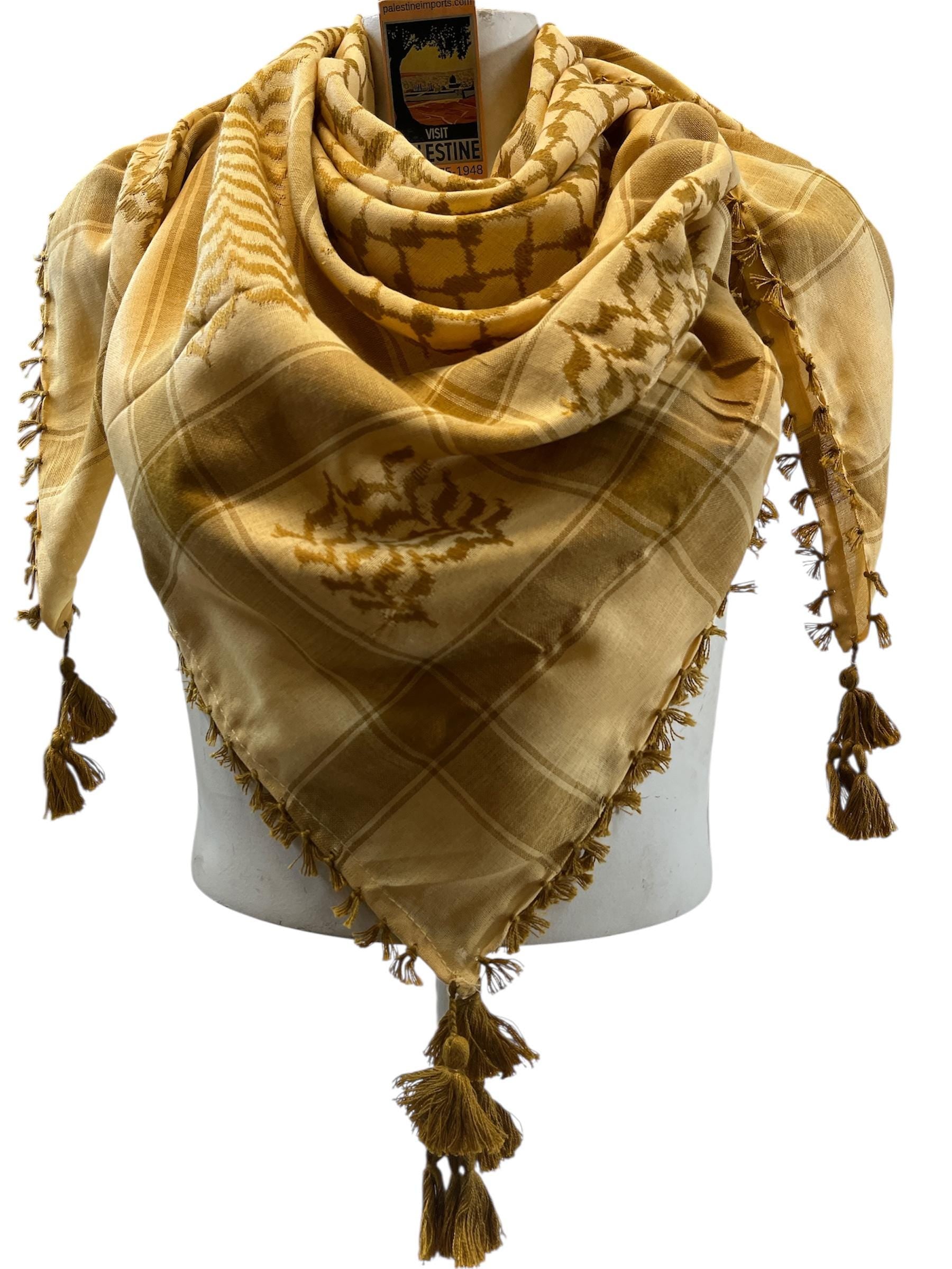 Woven keffiyeh Gold on Tan with 4 sides Tassels - 48"x48"