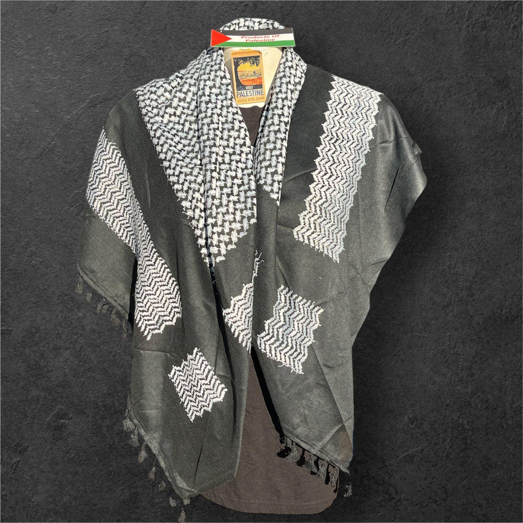 Authentic Palestine Made keffiyeh Scarf: white on black Woven Tessels