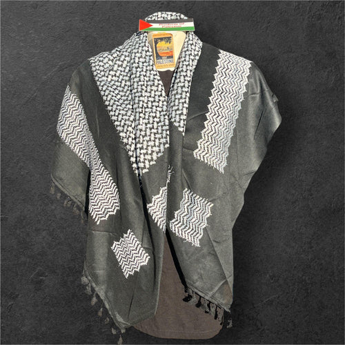 Authentic Palestine Made keffiyeh Scarf: white on black Woven Tessels