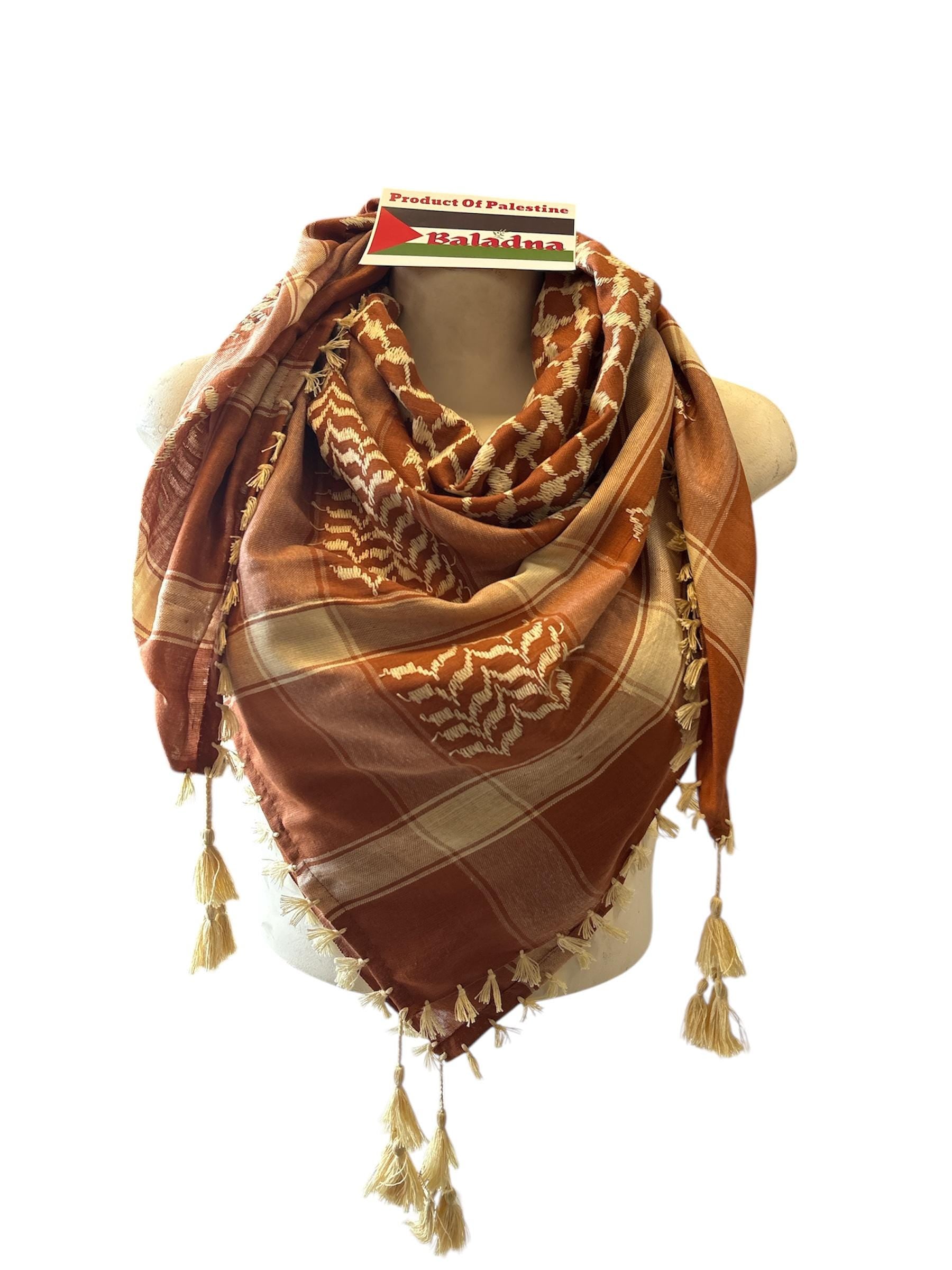 Woven Kufiya Tan on Brown with Tassels, 48"x48"