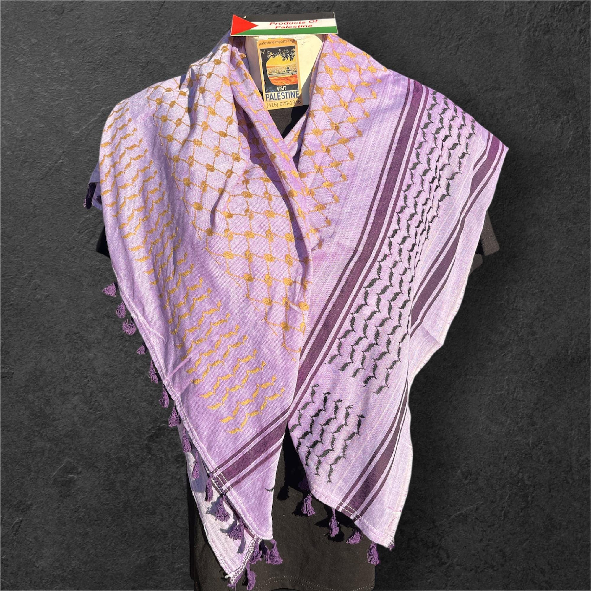 Palestine Made Authentic keffiyeh Scarf: gold on pink with purple Tessels