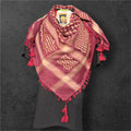 Woven keffiyeh tan on strong burgundy with 4 sides Tassels - 48"x48"