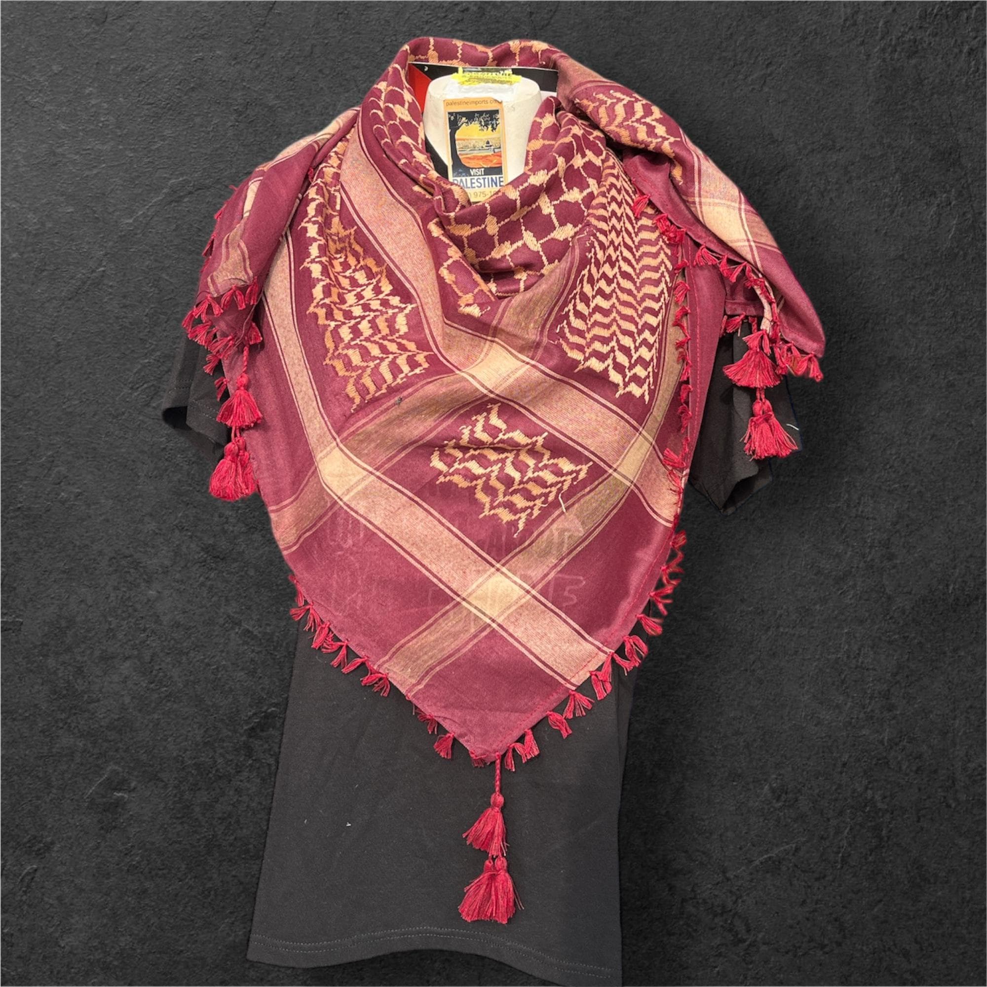 Woven keffiyeh tan on strong burgundy with 4 sides Tassels - 48"x48"