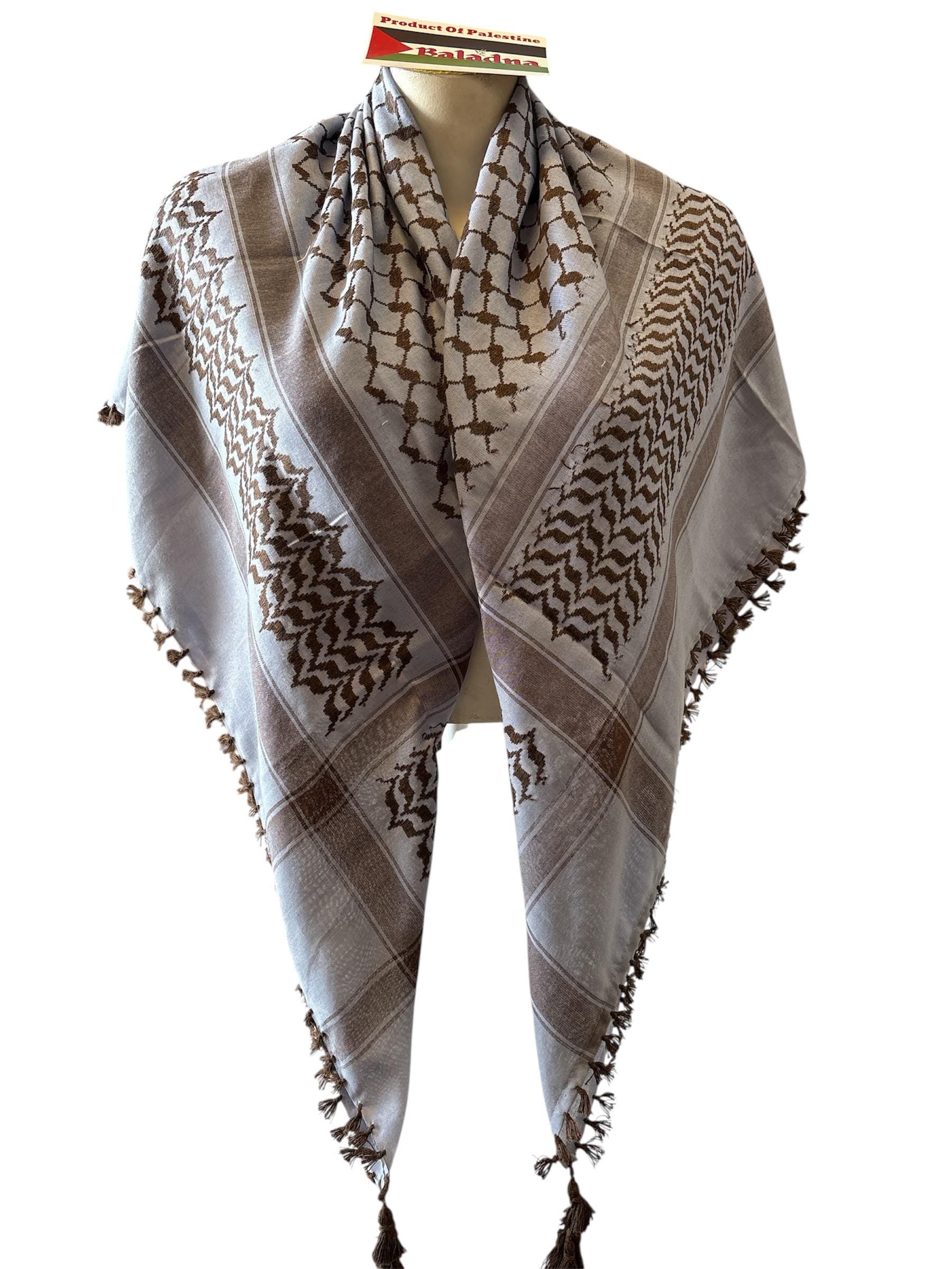 Woven keffiyeh Brown on French Blue with 4 sides Tassels - 48"x48"