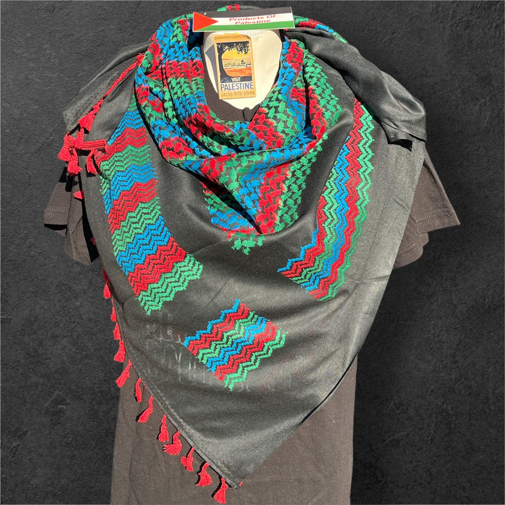 Authentic Palestine Made keffiyeh Scarf: multicolor on black with red Woven Tessels