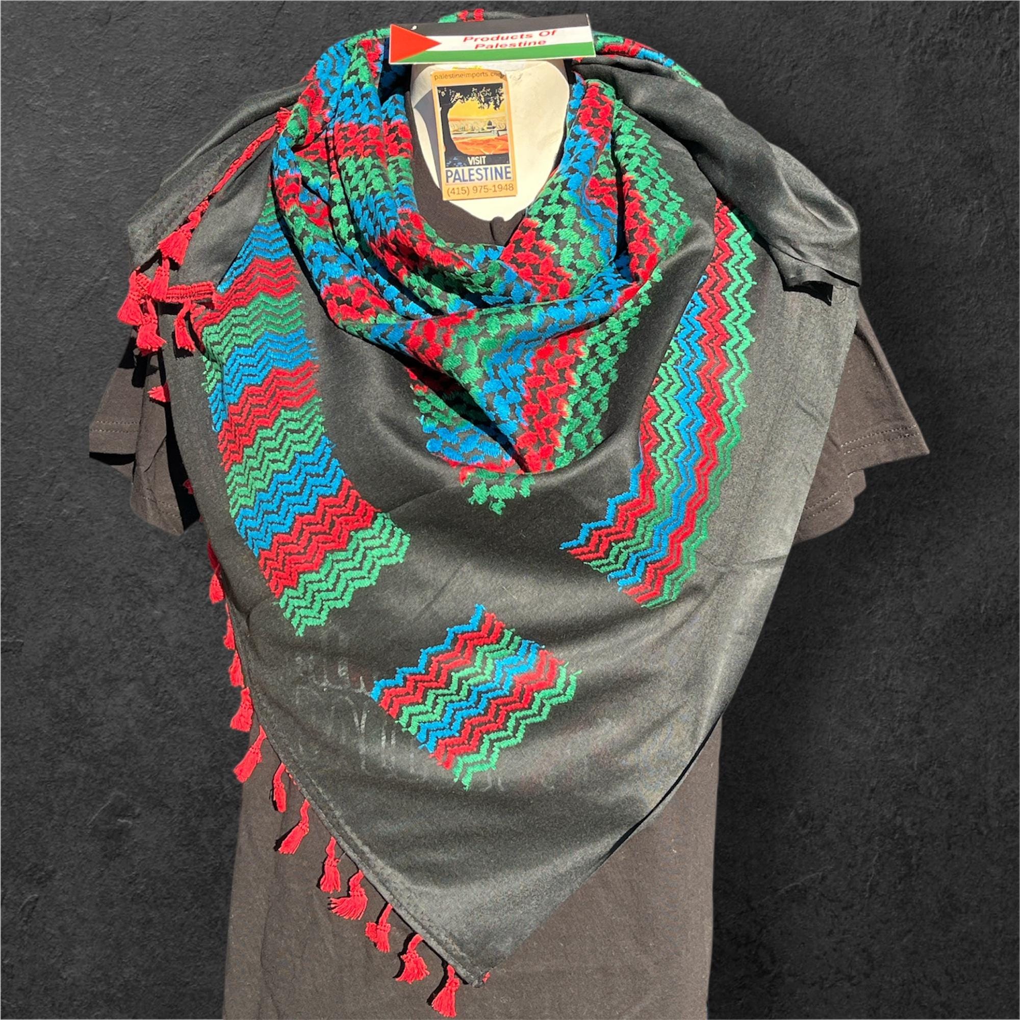 Authentic Palestine Made keffiyeh Scarf: multicolor on black with red Woven Tessels