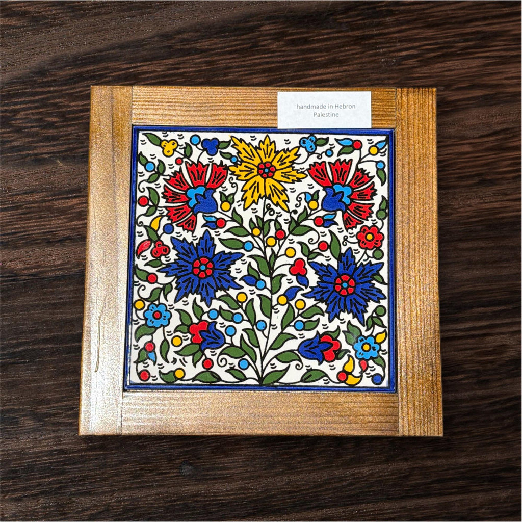 Handmade Ceramic And Wood trivet  handpainted in Hebron,Palestine