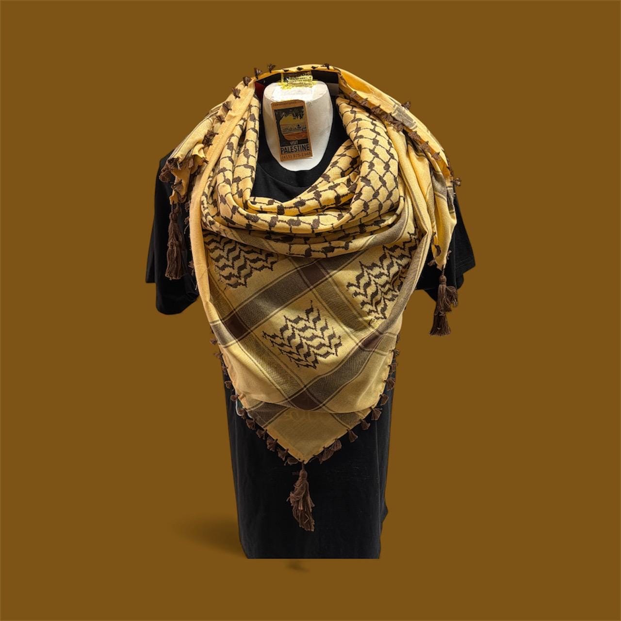 Woven keffiyeh Brown on tan Palestinian Scarf with Tassels (48"x48")