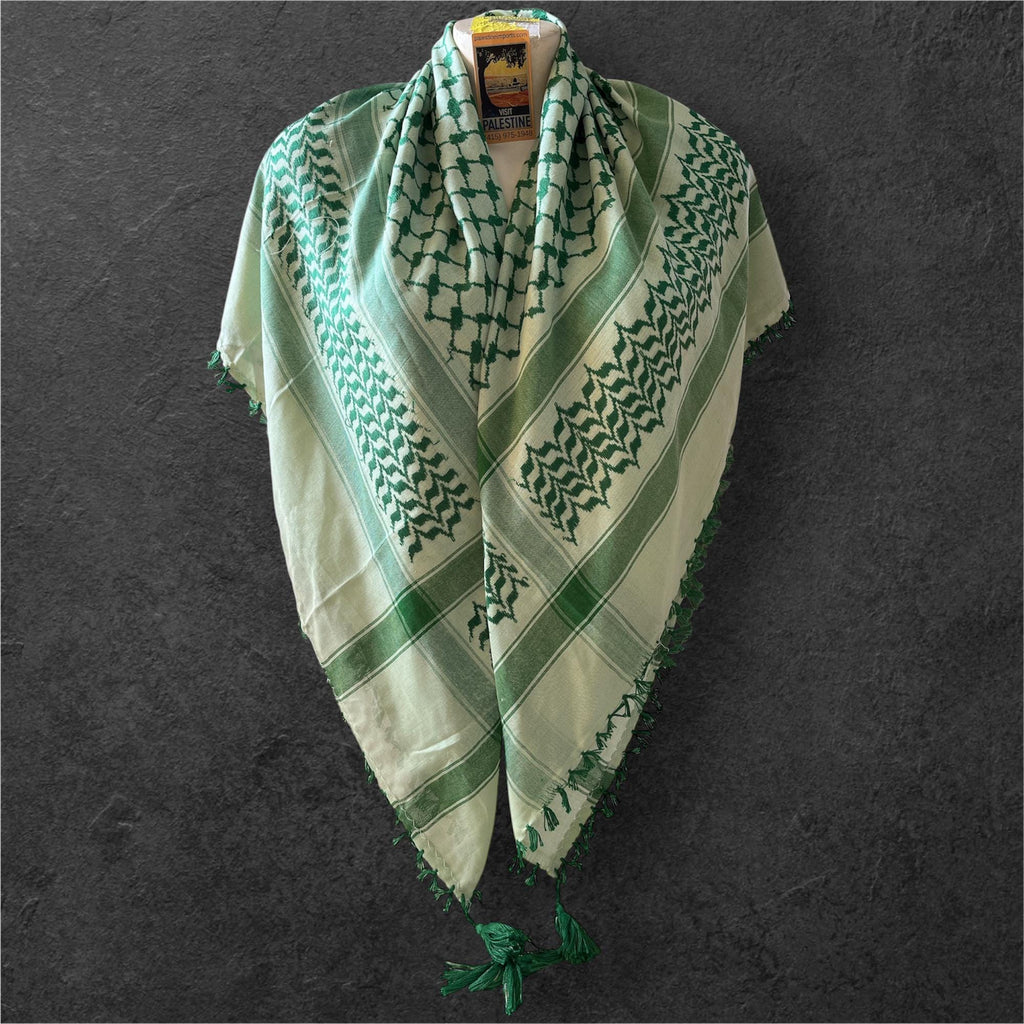 Woven Kufiya green on light green with 4 sides Tassels - 48"x48"