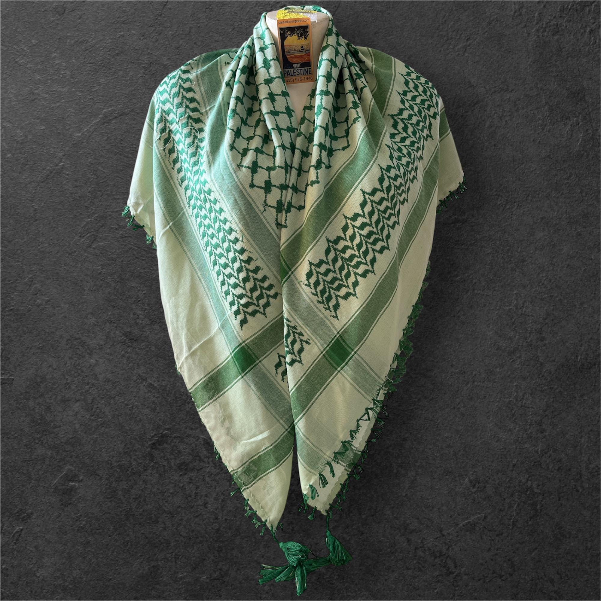 Woven Kufiya green on light green with 4 sides Tassels - 48"x48"