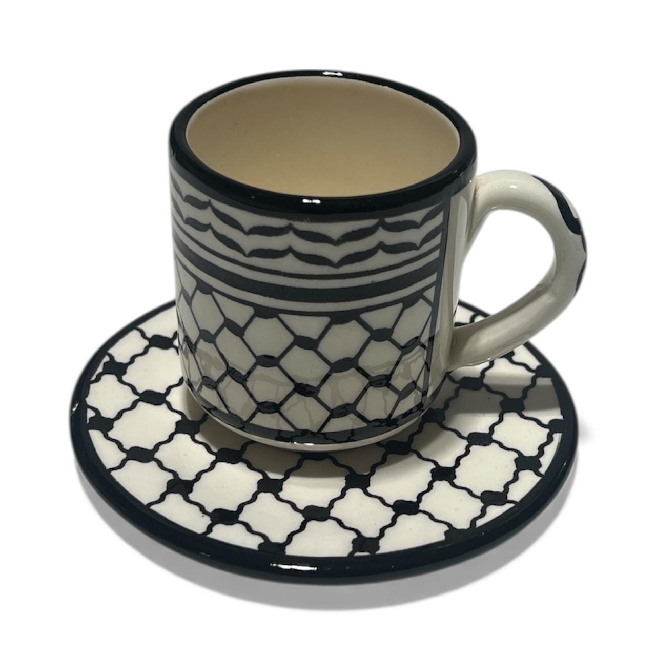 Handmade ceramic Kuffiyeh design tea cup and plate from Hebron,Palestine
