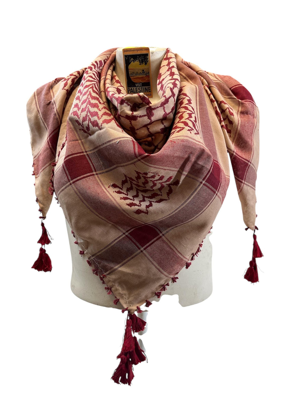 Woven keffiyeh Burgundy on Taupe with 4 sides Tassels - 48"x48"