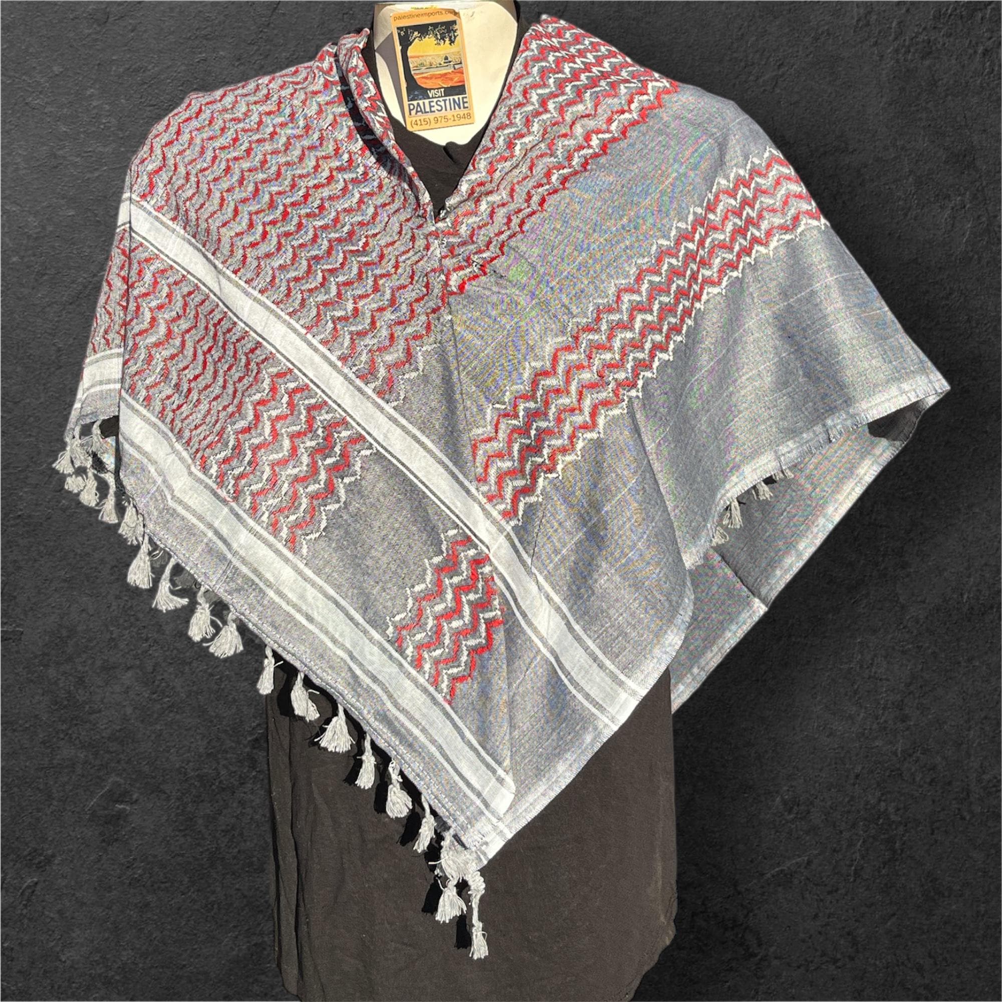 Authentic Palestine Made keffiyeh Scarf: red and white on grey with Woven Tessels